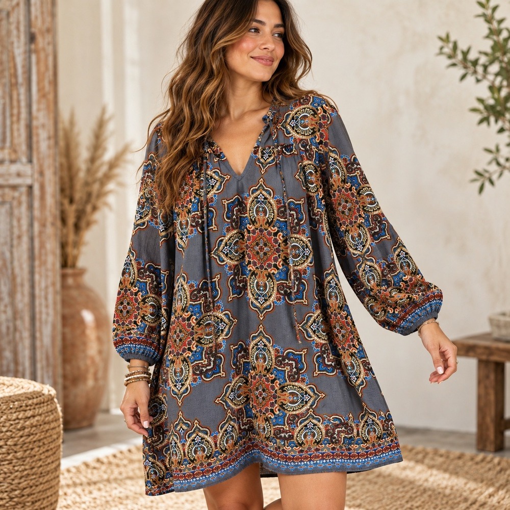 Entro Womens Large Paisley Balloon Sleeve Boho Shift Dress Oversized 70s Folk